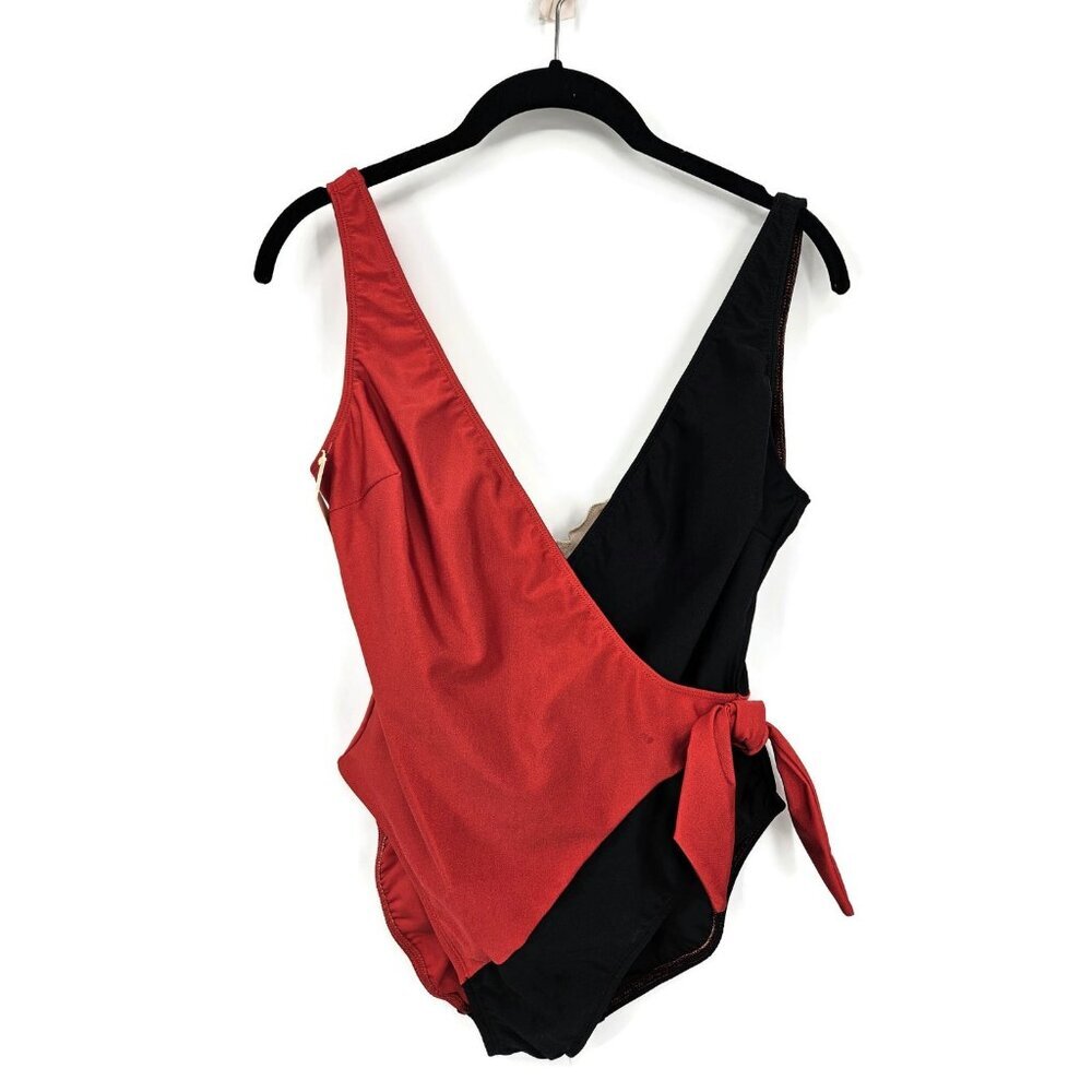 New Vtg La Blanca Swimsuit Womens 12 Hi Cut Leg Red Black Deep V One Piece 80s